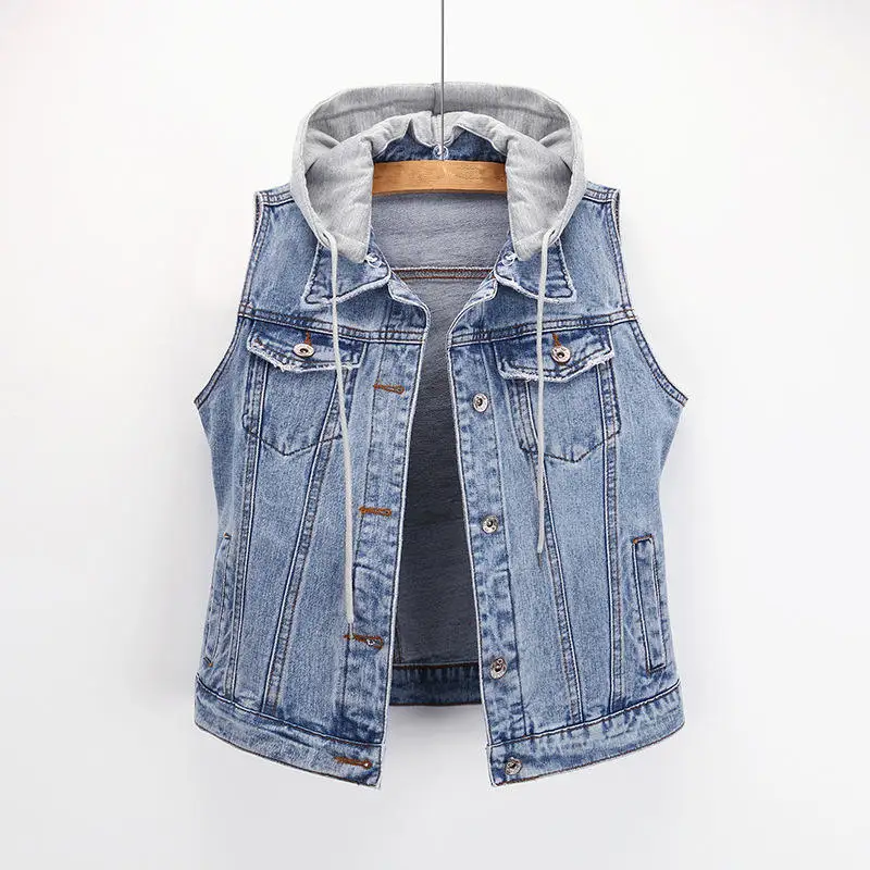 4XL 5XL Plus Size Autumn Hooded Short Denim Vest Jacket Women