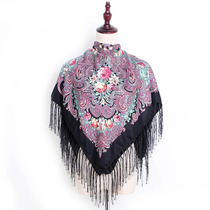 

90*90cm Retro Floral Pattern Russian Square Scarf Women Cotton Print National Scarves Ladies Fringed Shawl Head Wrap Hijab