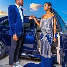 Королевское синее черное платье русалки для выпускного вечера для девочек элегантное платье с открытыми плечами, бисером и кисточками в африканском стиле длинные платья для выпускного вечера