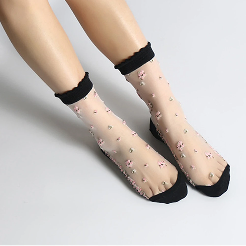Woman Ultra-thin  Jacquard Flower Crystal Glass Silk Socks Cotton Bottom Summer