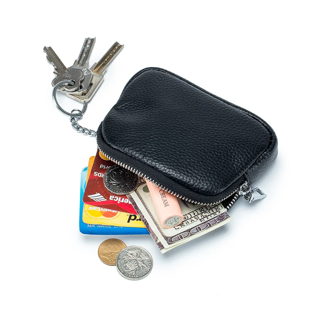 Fashion Genuine Leather Coin Purse Pouch for Men and Women Mini Cash Wallet with Keychain Ring Holder Female Zipper Purse