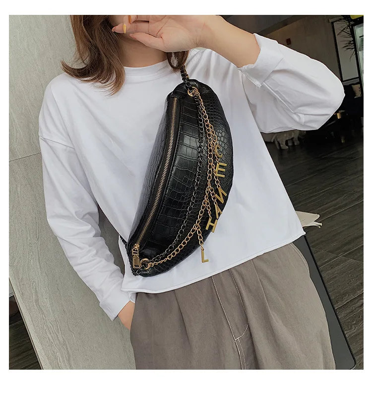 SXCNN, известный бренд, поясная сумка, модная, искусственная кожа, женские сумки-мессенджеры, на цепочке, нагрудная сумка, большая вместительность, сумки через плечо - Цвет: black