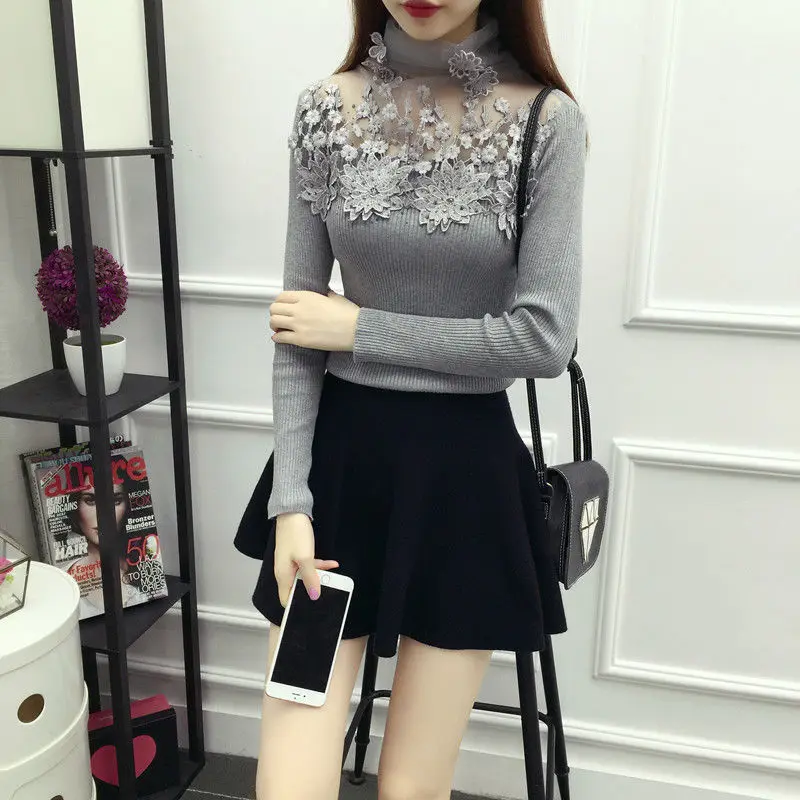 2020 Spring and Autumn Hollow Turtleneck Bottoming Shirt Slim Thin Long Sleeve Korean Solid Color Wild Knit Sweater | Женская одежда