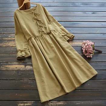 

7448 New Spring Women Dress Japan Style Literary Retro Ramie Bow Casual Long Sleeve O-Neck Midi Dress Women