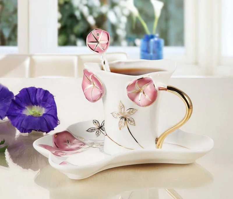 Morning Glory Цветочные чашки и блюдца цвет эмаль кофейные чашки Креативный фарфор питейная посуда кружки Чайный набор керамические подарки