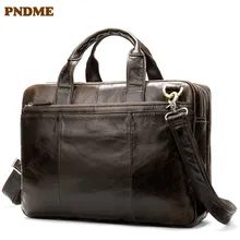 PNDME Ретро высококачественный мужской портфель из натуральной кожи большой емкости Бизнес мягкая воловья дизайнерская Роскошная рабочая сумка для ноутбука