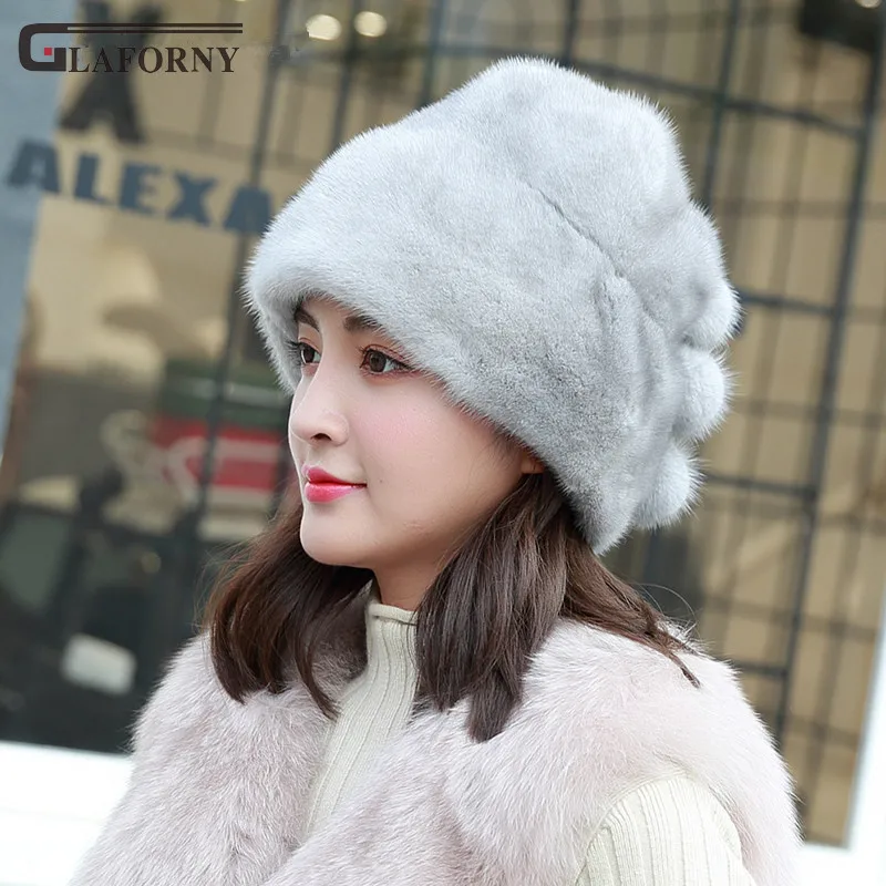 grey Glaforny, однотонная Повседневная шапка из корейской норки, женская шапка-бомбер с защитой ушей, меховая мягкая шапка, милая меховая Рождественская шапка - Цвет: grey