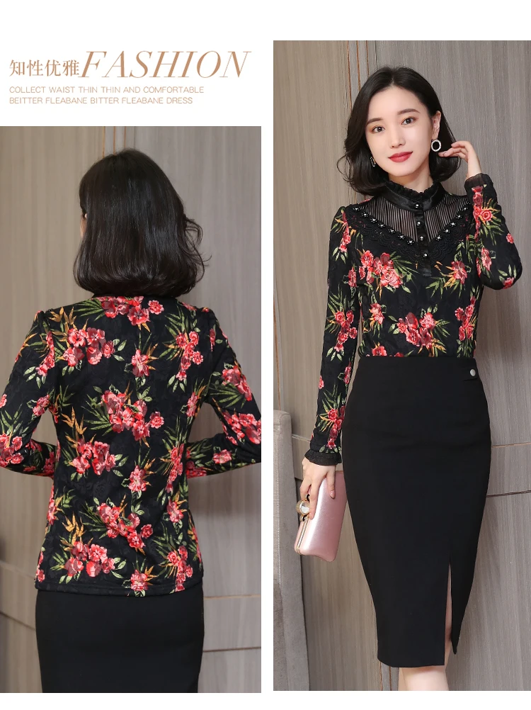 Dingaozlz, S-4XL, теплая, новинка, плюс размер, женская одежда, модная, с цветочным принтом, топы, зима, плюс бархат, толстая, с бисером, кружевная блузка, рубашка