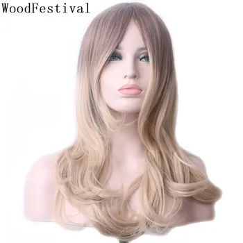 

WoodFestival Women's Wigs for Women Heat Resistant Female Synthetic Cosplay Wig with bangs Wavy Long Hair Woman Mix Color Blonde