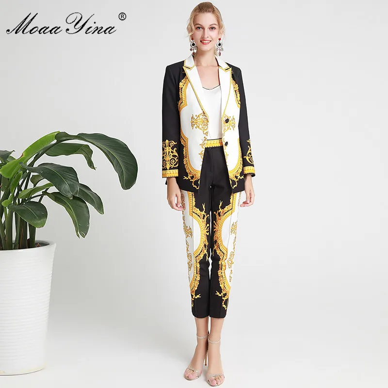 

MoaaYina Fashion Designer Suit Spring Autumn Women Long sleeve Vintage Print Suit Tops+3/4 pencil pants Two-piece set