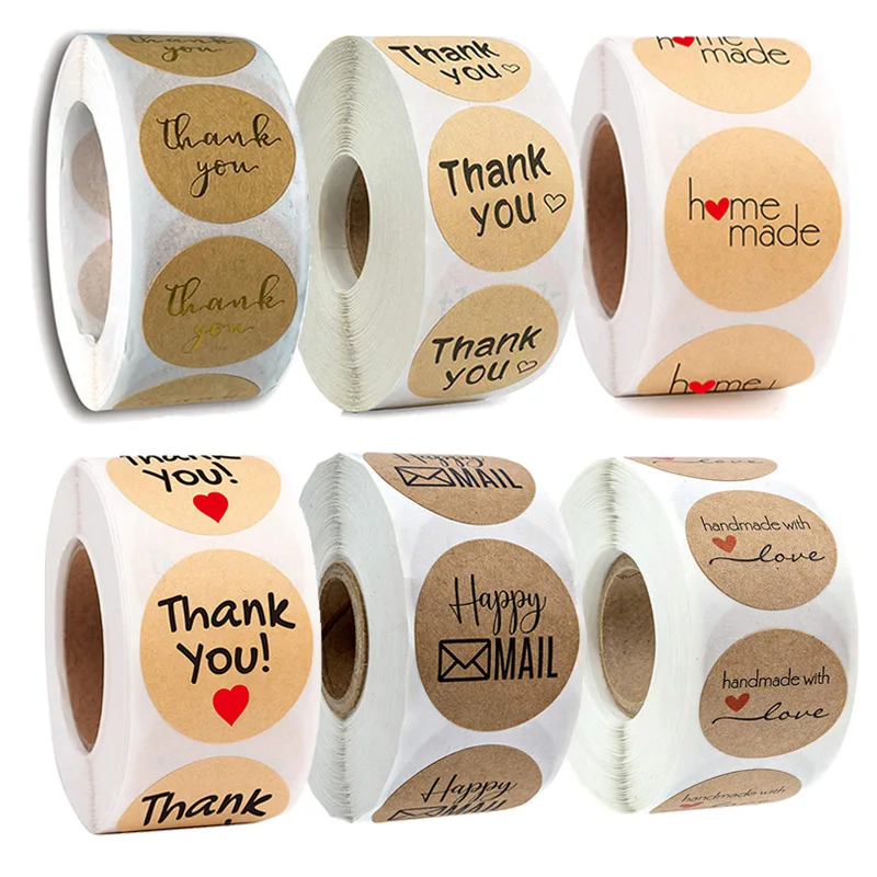 500Pcs/rolls Round Natural Kraft Stickers Scrapbookin Thank You Brithday wedding Christmas gift Seal Stickers  Labels Stationery