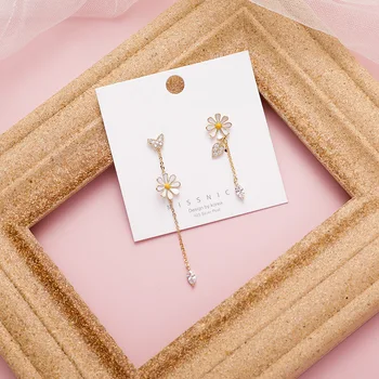 

New Arrival Trendy Crystal Asymmetric Daisy Butterfly Flower Long Drop Earrings For Women Fashion Jewelry Oorbellen Gift