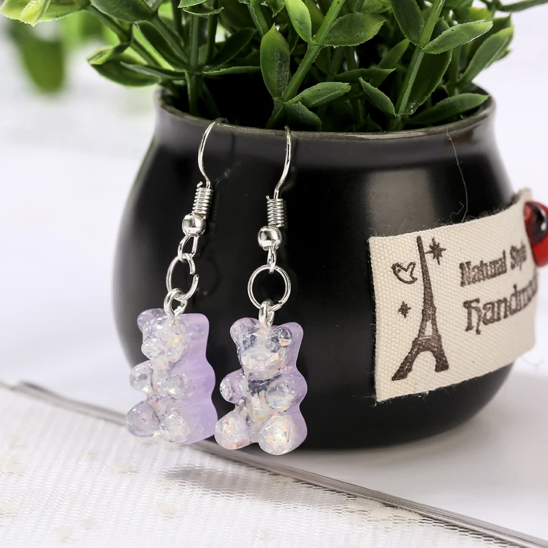 1Pair  Women Drop Earrings  Glitter Gummy Bear Crafts Multicolor Resin Charms Fashion Jewelry Diy Making