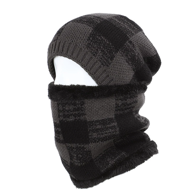 Комплект из 2 предметов, зимняя шапка, Шапочка-шарф, теплая вязаная шляпа, толстая флисовая подкладка, зимняя шапка и шарф для женщин, толстая шапка с черепом для мужчин - Цвет: style5 grey