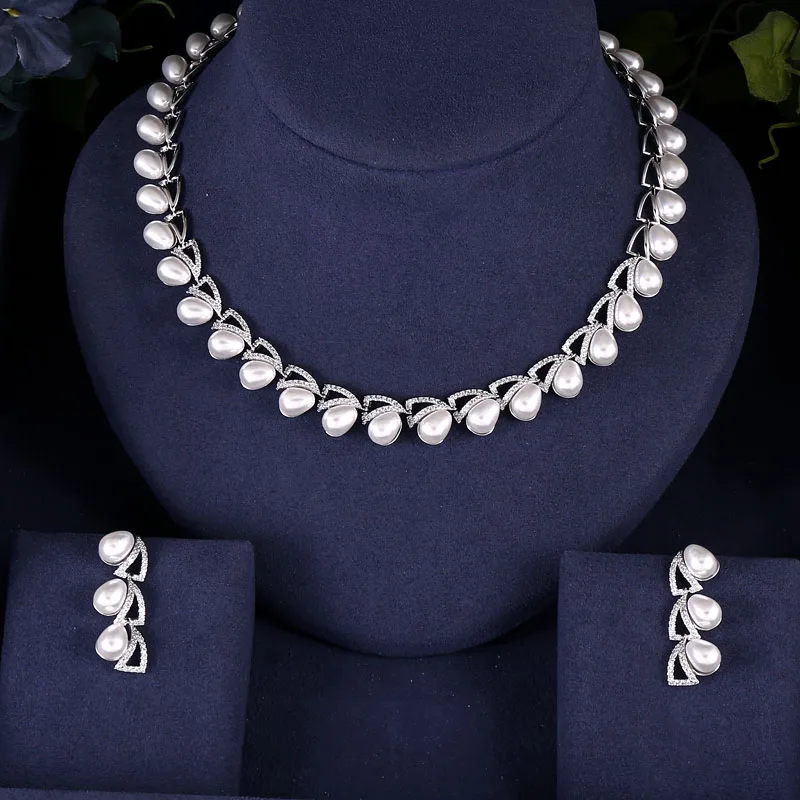 

Accking Fashion Luxury Elegant Pearl Bridal cube zircon necklace earring for women Wedding party Jewelry Sets