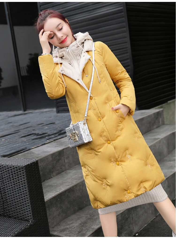 Winter CHIC Mid-length Cotton-padded Clothes Women's Slim Fit Slimming Mock Two-Piece Versatile Youth Students Cotton Coat