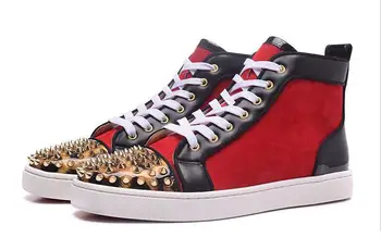 

2020 Unisex Sequins Golden Spikes Rivets Boots Couple Casual Bottom Shoes Red Red High Top Luxury Designer Shoes Men