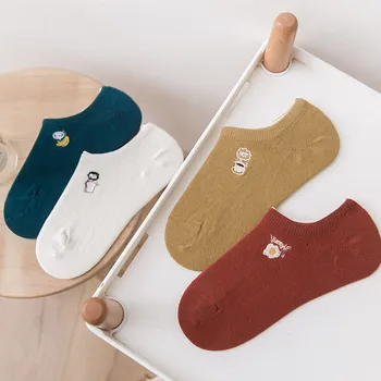 

Trendy Embroidered Cartoon Woman Socks Cool Invisible Sock Slippers Women Summer Boat No Show Cotton Solid color