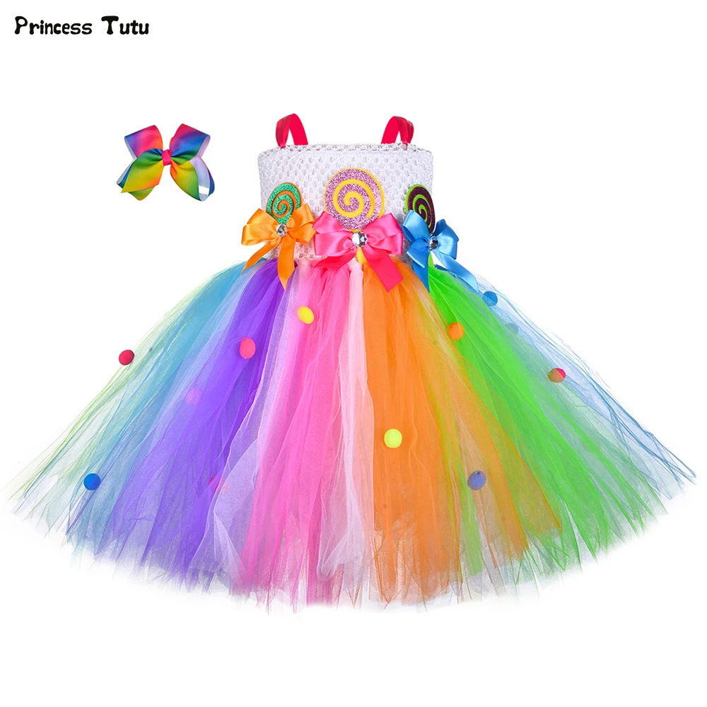 Милое Платье-пачка ярких цветов для девочек радужные украшения для волос вечерние платья леденец конфеты Дети Девушки Пасхальный костюм на Хэллоуин