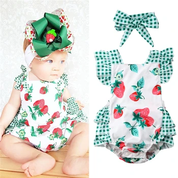 

Pudcoco Body Baby Girl Strawberry Ruffles Covered Button Bodysuits Headband Bebe Girl Summer Outfit Clothes 0-24M