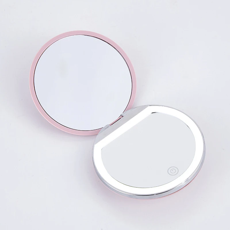 Portable Mini Makeup Mirror Compact Pocket USB Chargeable Two-side Folding Makeup Mirror with LED Light Cosmetic for Gift