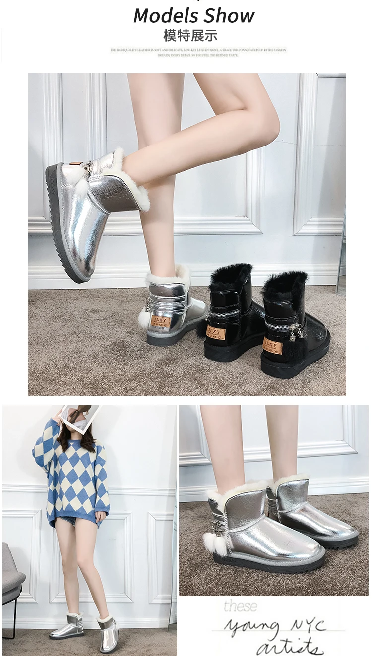 Блестящие женские водонепроницаемые зимние ботинки; ботильоны на платформе; женская зимняя теплая обувь на молнии; женская обувь; цвет черный, серебристый;