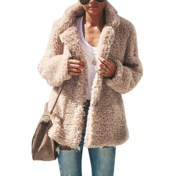 

Faux Fur Jacket Women Coat Fuzzy Fleece Collar Open Stitch Long Sleeve Outwear Warm Shaggy Teddy Overcoat Female Winter Casual
