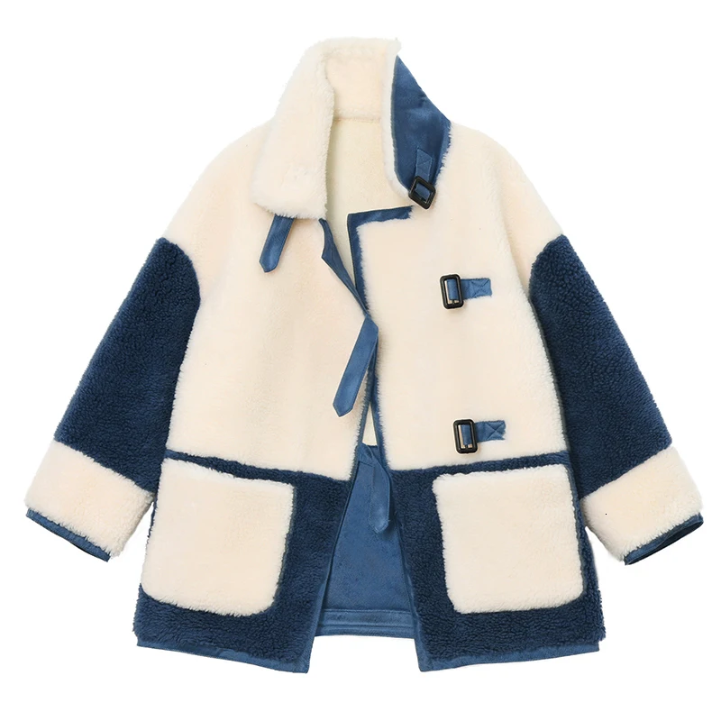 [EAM] Свободная куртка из овечьей шерсти контрастного цвета большого размера, новинка, Женское пальто с отворотом и длинным рукавом, модное осенне-зимнее пальто, 1K5320