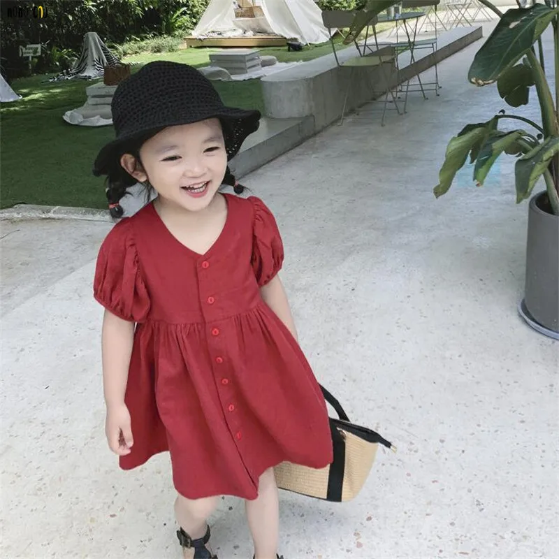 Модный летний детский сарафан для девочек корейское милое платье принцессы для девочек Повседневное платье с короткими рукавами и v-образным вырезом платье для маленьких девочек, костюм