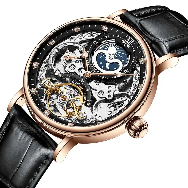 Gold Black KINYUED механические Автоматические Мужские часы Tourbillon роскошные часы от топ бренда мужские часы с несколькими часовыми поясами relogio masculino - Цвет: Gold Black