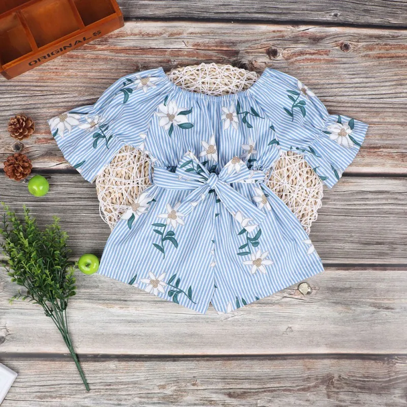 

Summer Casual Fashion Childrens Jumpsuits Baby Girl Strap Floral Bowknot Half Sleeve Rompers