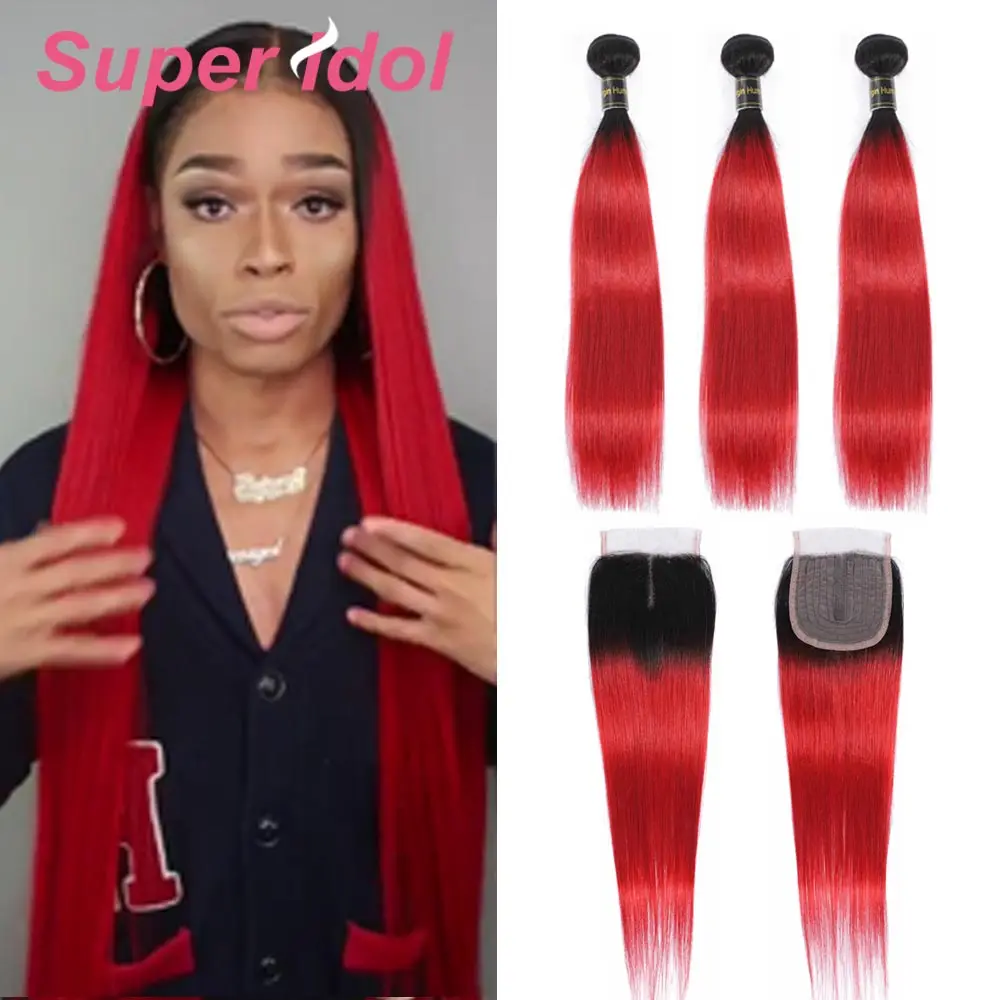 

Super Brazilian Straight Hair Weave 3/4 Bundles With Closure Blonde 1B/Red Remy Ombre Human Hair Bundles With T Lace Closure