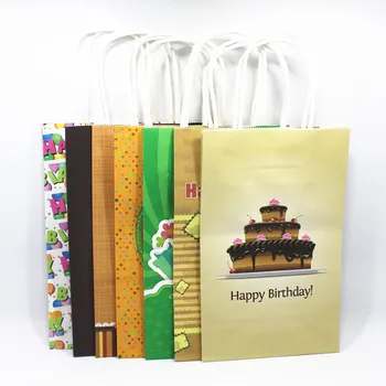 

20Pcs/ Lot Kraft Paper Gift Bag With Handle Pinted Happy Birthday 21*13*8cm Party Favors Boutique Gift Clothing Package Bags