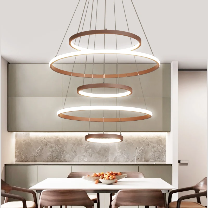 

Brown Modern pendant lights for living room dining room 7/5/3/2 Circle Rings aluminum body Line hanging LED pendant Lamp