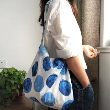

Summer Blue Big Polka Dot Thin Cotton Canvas Bag for Women Round Underarm Large Capacity Tote Shoulder Bag Korean INS Handbag