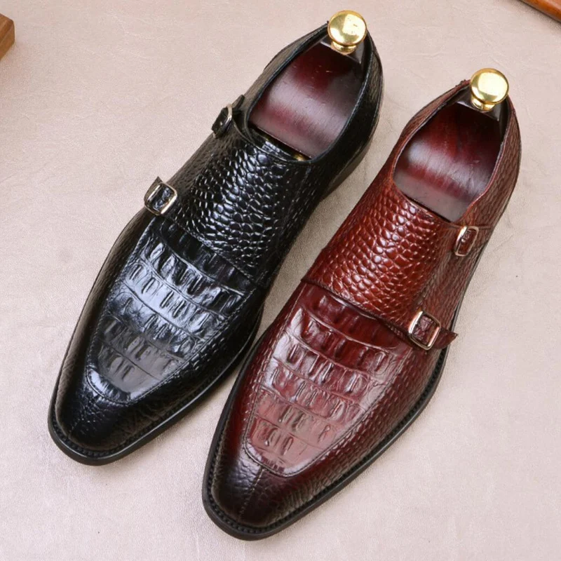 Italian Designer Man Monk Straps Shoes Genuine Leather Formal Dress Alligator Pattern Pointed Toe Party Welted Men's Flats SS563