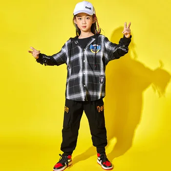 

Hip Hop Costumes Girls Modern Dance Clothes Kids Jazz Performance Outfit Stage Wear Children Black Plaid Hooded Jacket DNV12169
