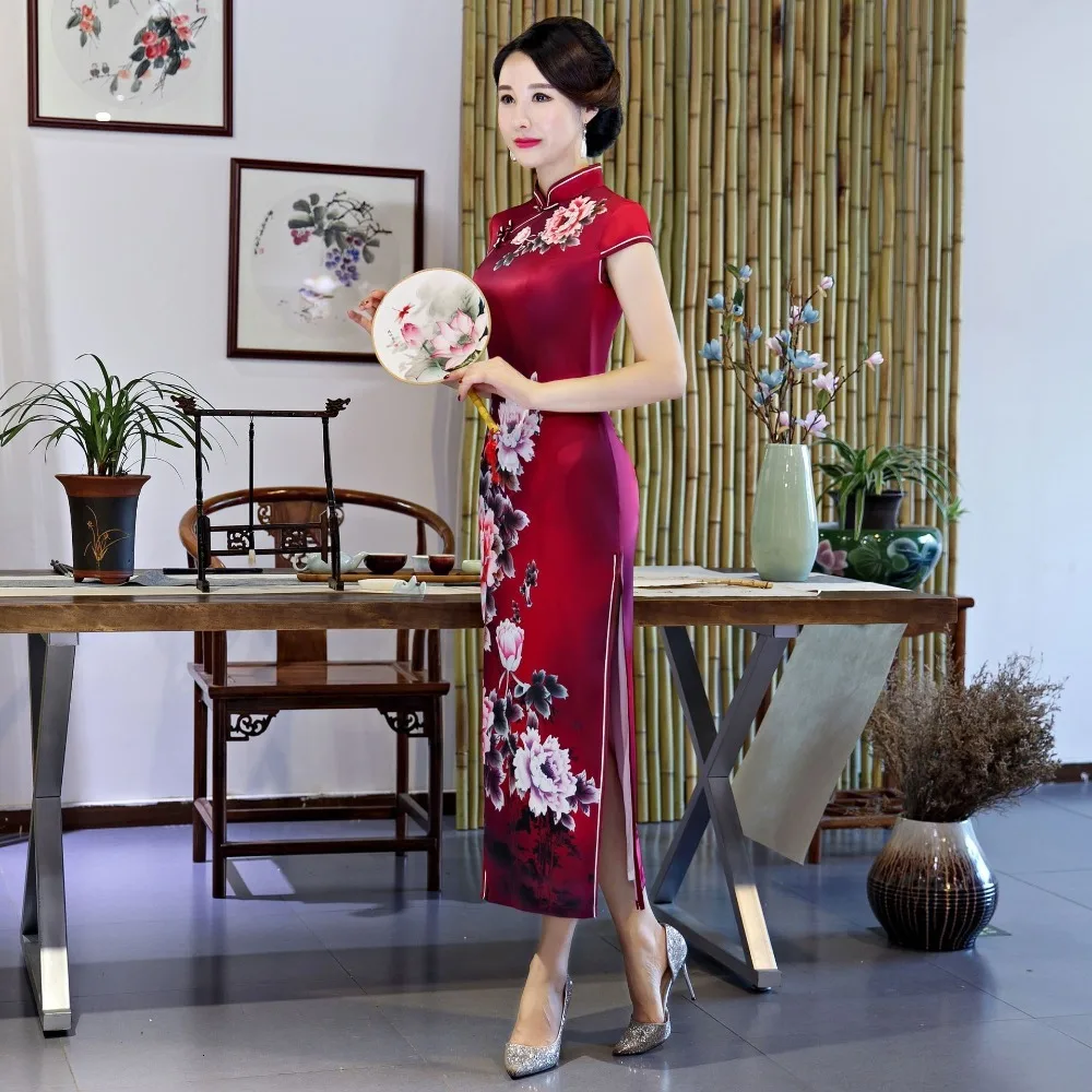 Новинка, традиционное китайское шелковое атласное платье, женское платье с короткими рукавами, винтажное платье, Ципао, сексуальное платье с цветочным принтом, тонкие вечерние платья
