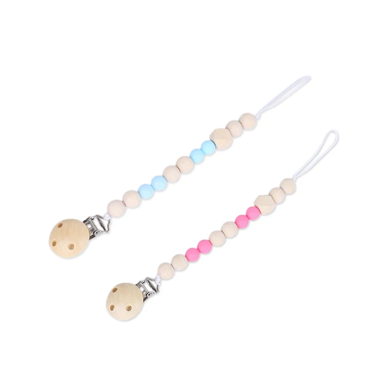 

2 Pcs Baby Pacifier Clip Chain Wooden Beads Dummy Clip Safe Teething Chain Baby Teether Eco-Friendly Pacifier Clips Holder Chain