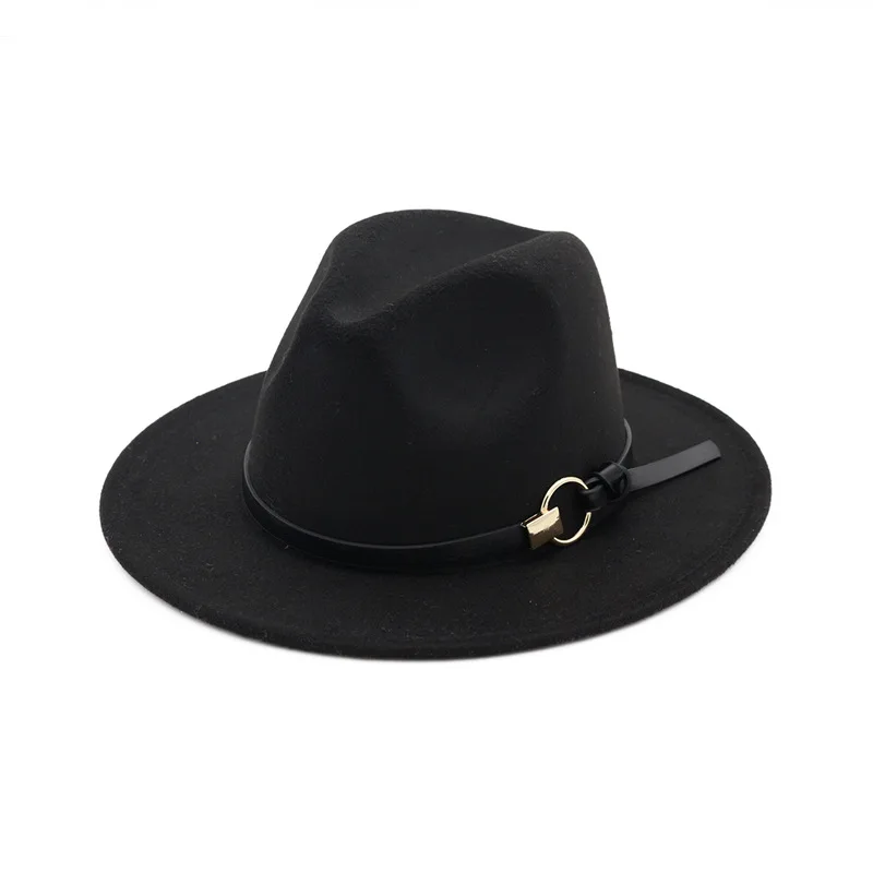 European Wide Brim Cowboy Felt Hat Panama Trilby Jazz Fedora Hats with Leather Buckle Plain Ribbon Woolen Chapeau for Women