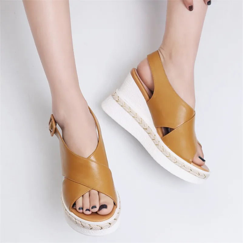 

New Sandals Women 2019 Summer Ankle Strap Genuine Leather High Wedges Shoes Rome Sandals Ladies
