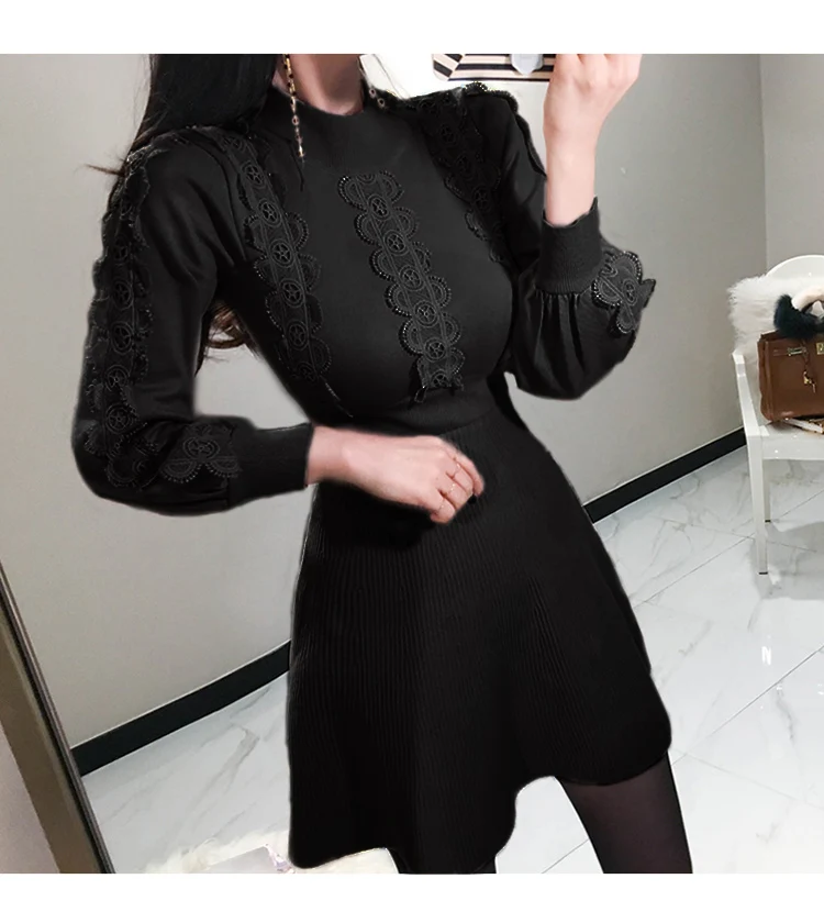 Elegant Lantern Sleeve Draped Knitted Dress Women Lace Patchwork Petel Sweater Mini A-Line Dress Autumn Winter Sweater Dresses