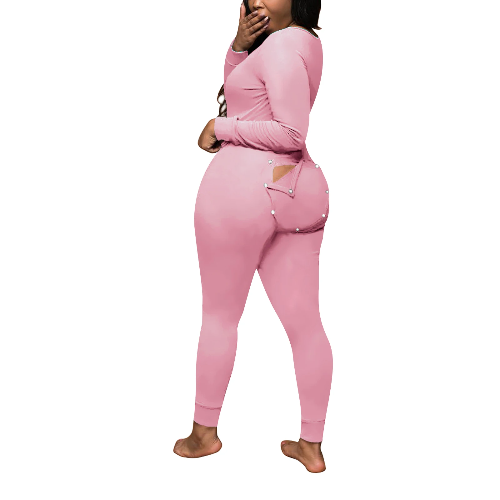 Sexy Women Ladies Deep V Neck Overalls Butt Flap Pajamas Sleepwear Long Sleeve Bodycon Bodysuit Jumpsuit Rompers Clubwear
