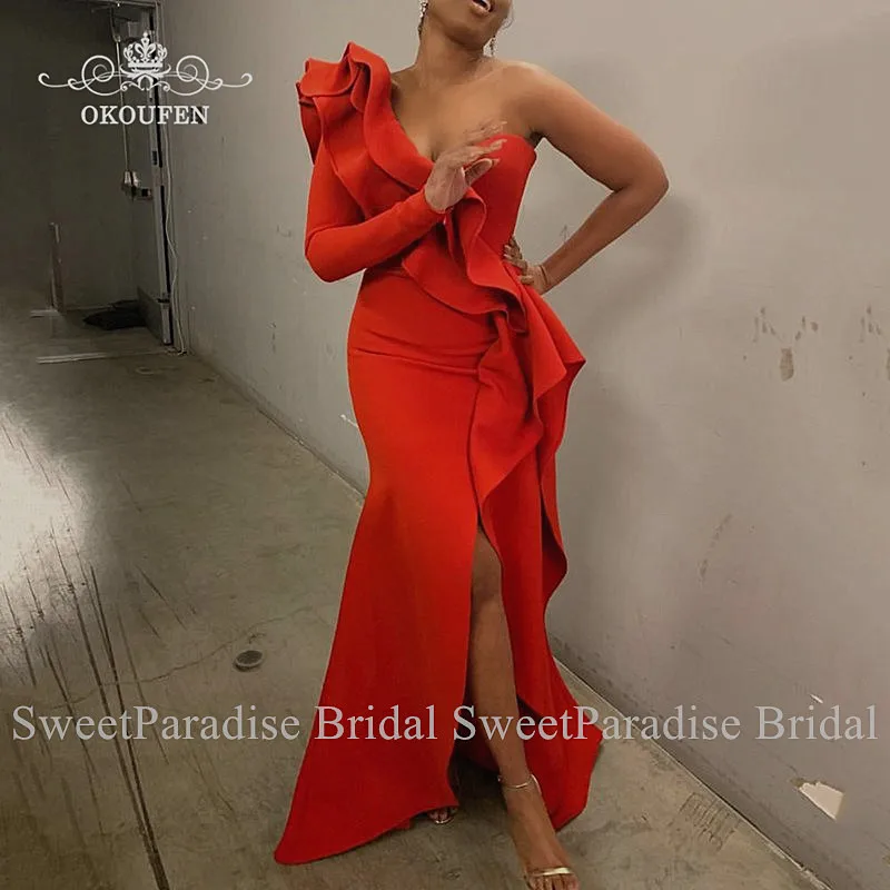 Дизайнерское красное вечернее платье с оборками, с длинными рукавами, большие размеры, женское платье с разрезом для выпускного вечера, Платье De Soiree