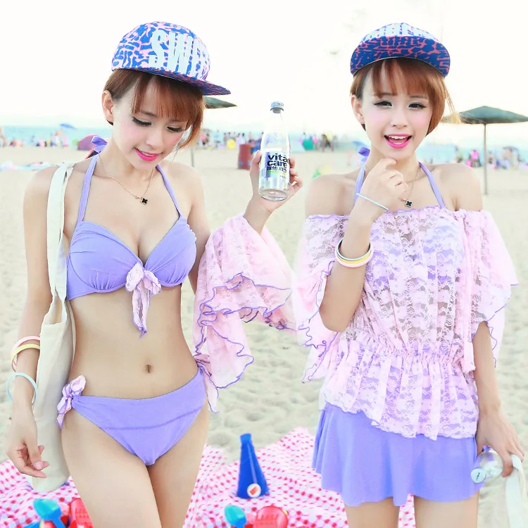 

Ainifurui Korean-style Lace Cover-up Underwire Push up Chest Split Type Bikini Four-piece Set WOMEN'S Swimsuit Hot Springs
