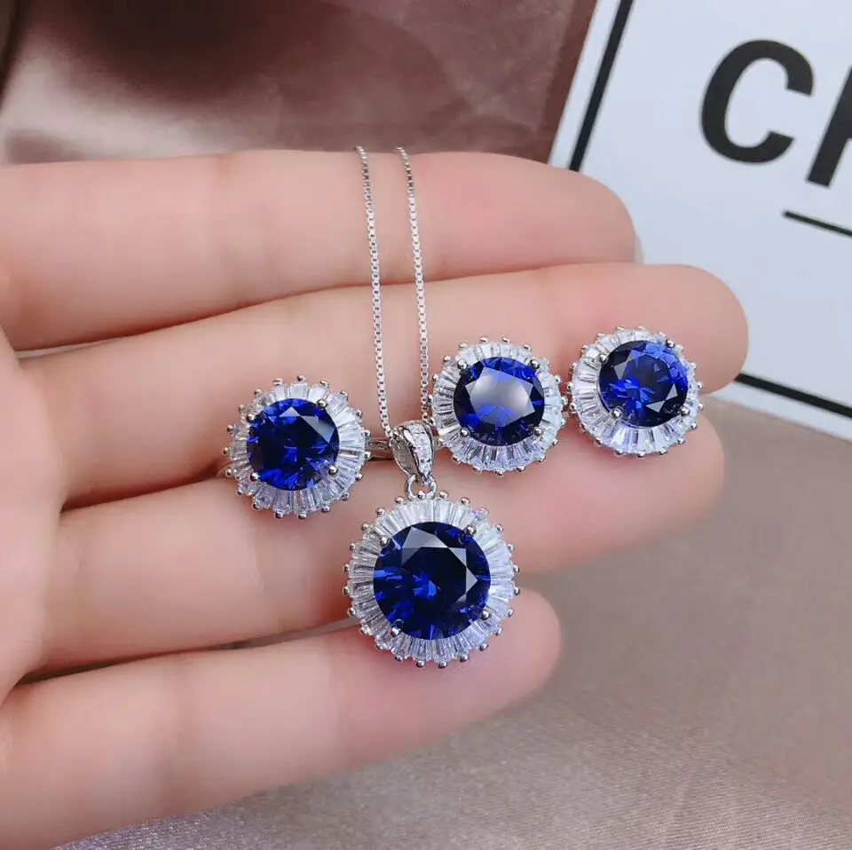 

MeiBaPJ Luxurious Deep Blue Natural Sapphire Flower Jewelry Set 925 Sterling Silver 3-piece Siut Fine Wedding Jewelry for Women