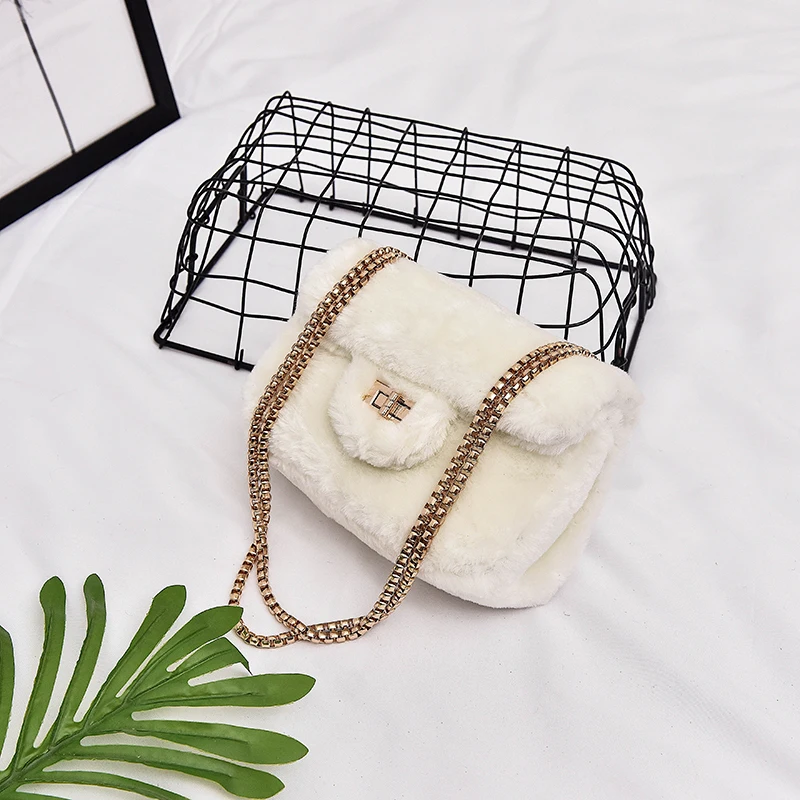 Женская сумка, меховая сумка с цепочкой, квадратная маленькая сумка, Женская трендовая сумка через плечо, женская мягкая плюшевая Сумка-почтальон, высокое качество - Цвет: Белый