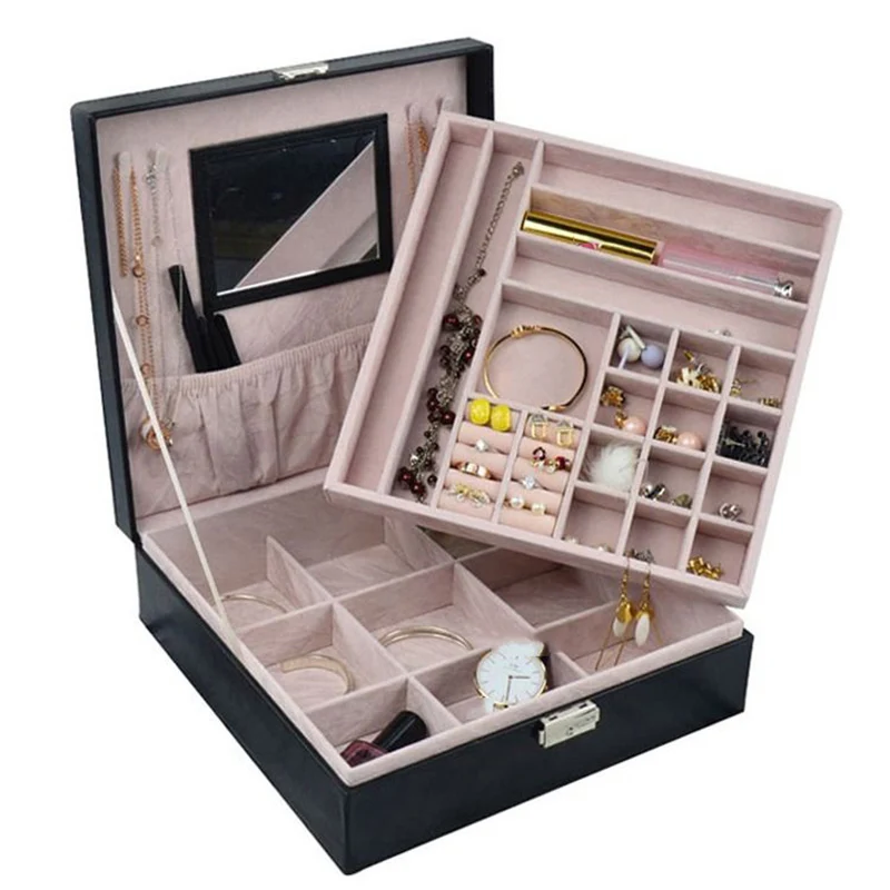 Простые Импозантные украшения коробка для хранения емкость серьги часы многофункциональная отделка шкатулка с зеркалом замок прочный органайзер