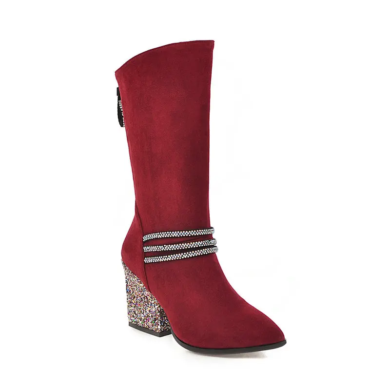 New mid-calf boots woman bling high heels boots warm autumn winter office ladies dress shoes large size 34-43 - Цвет: Красный