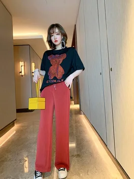 

New Summer Women Suit Fashion Two Piece Set Plus Size Diamond Bear Loose T-Shirt And Trousers Sets Causal Female Tracksuits